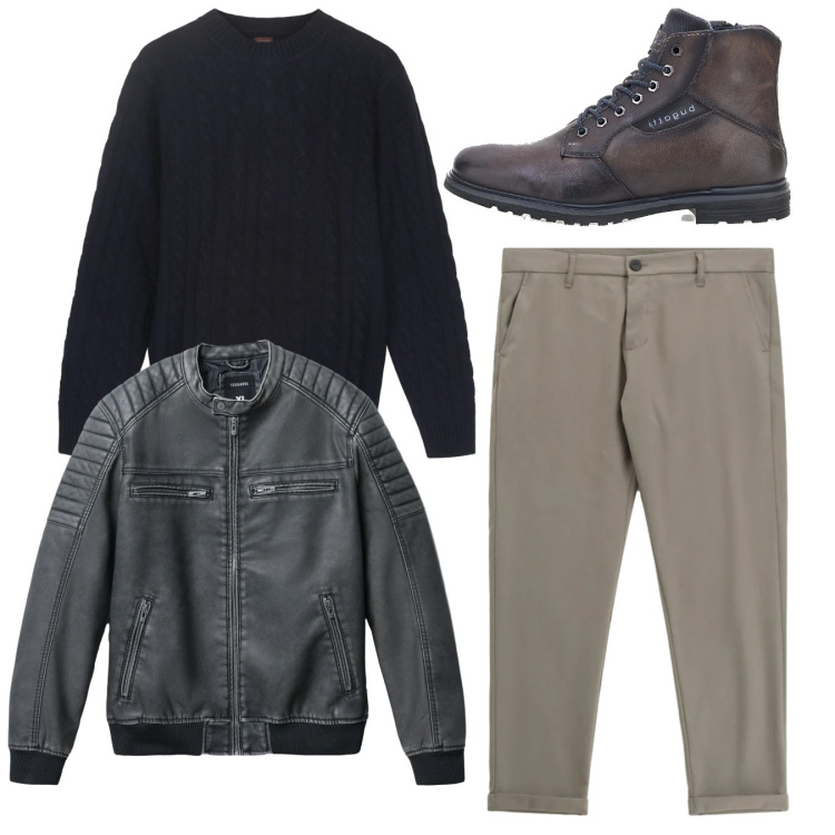 Outfit uomo - Total look. Stile Casual per Tutti i giorni. Abbinamento con giacche, pantaloni, stivali e stivaletti, maglieria.