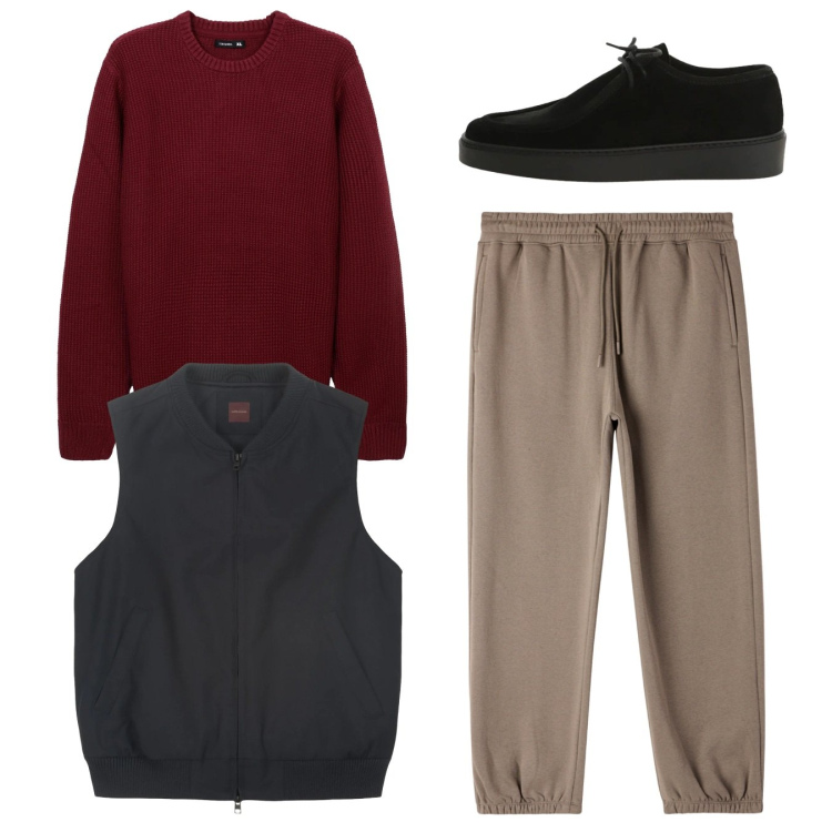 Outfit uomo - Total look. Stile Casual per Tutti i giorni. Abbinamento con pantaloni, maglieria, scarpe stringate, piumini.