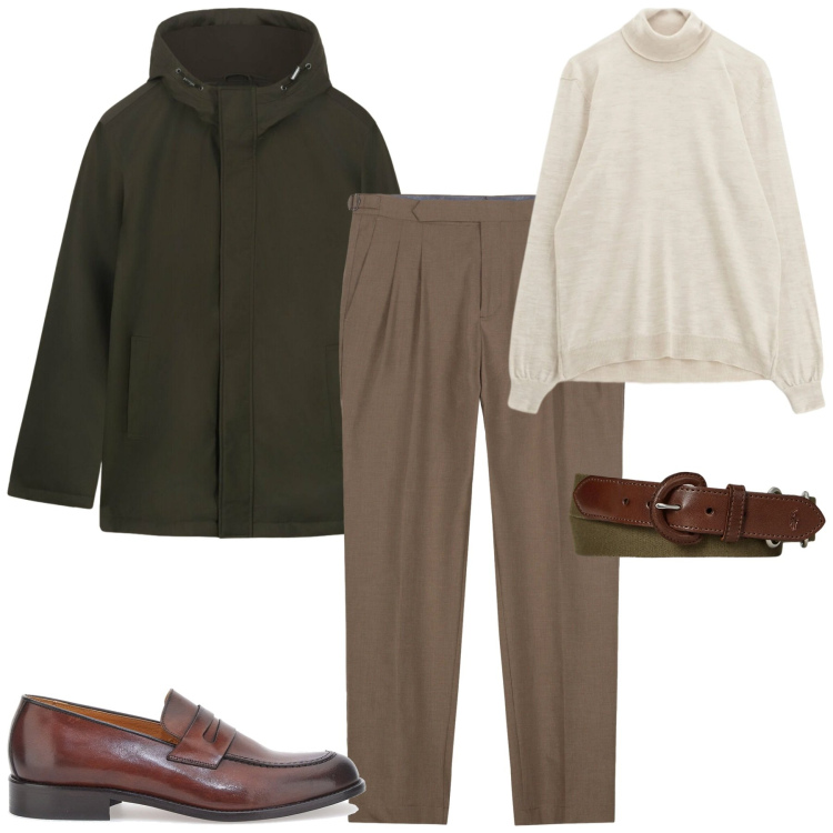 Outfit uomo - Gennaio. Stile Urban per Tutti i giorni. Abbinamento con maglieria, cinture, scarpe stringate, pantaloni, eskimo.