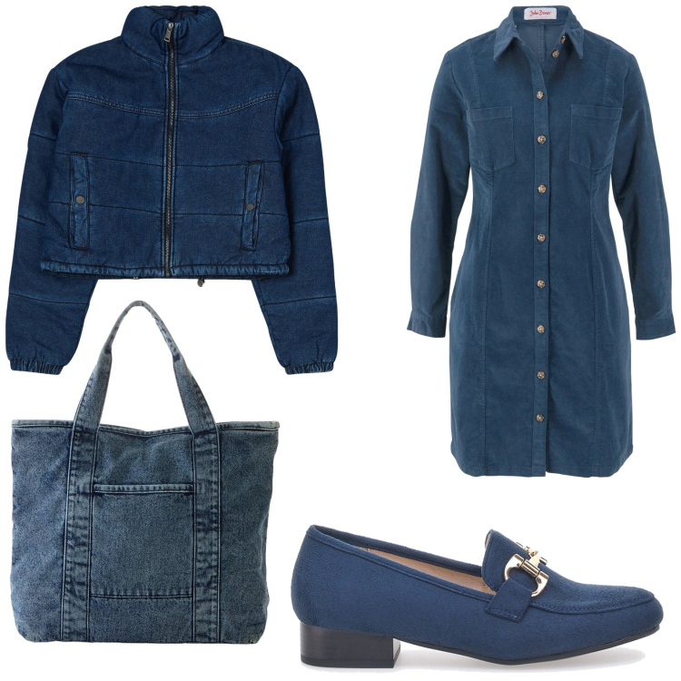 Outfit donna - Gennaio in jeans. Stile Casual chic per Tutti i giorni. Abbinamento con vestiti, shopping bag, blazer, mocassini.