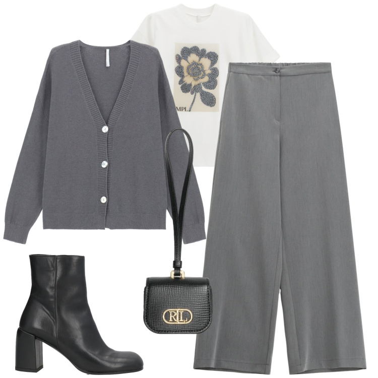 Outfit donna - City. Stile Urban per Tutti i giorni. Abbinamento con stivaletti, t-shirt, pantaloni a palazzo, cardigans, pochette.