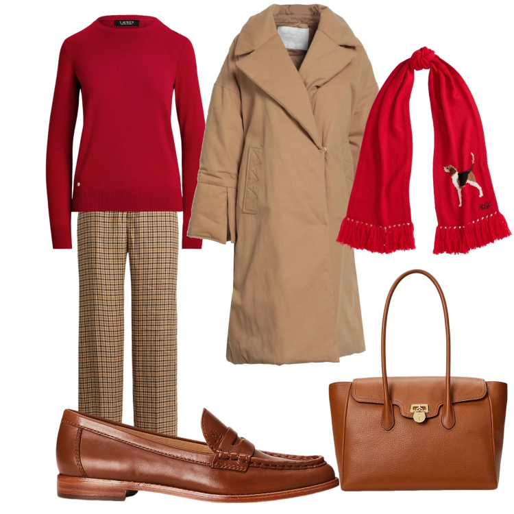 Outfit donna - La maglia rossa. Stile Basic per Tutti i giorni. Abbinamento con cappotti, mocassini, borse a mano, maglieria, sciarpe, pantaloni.