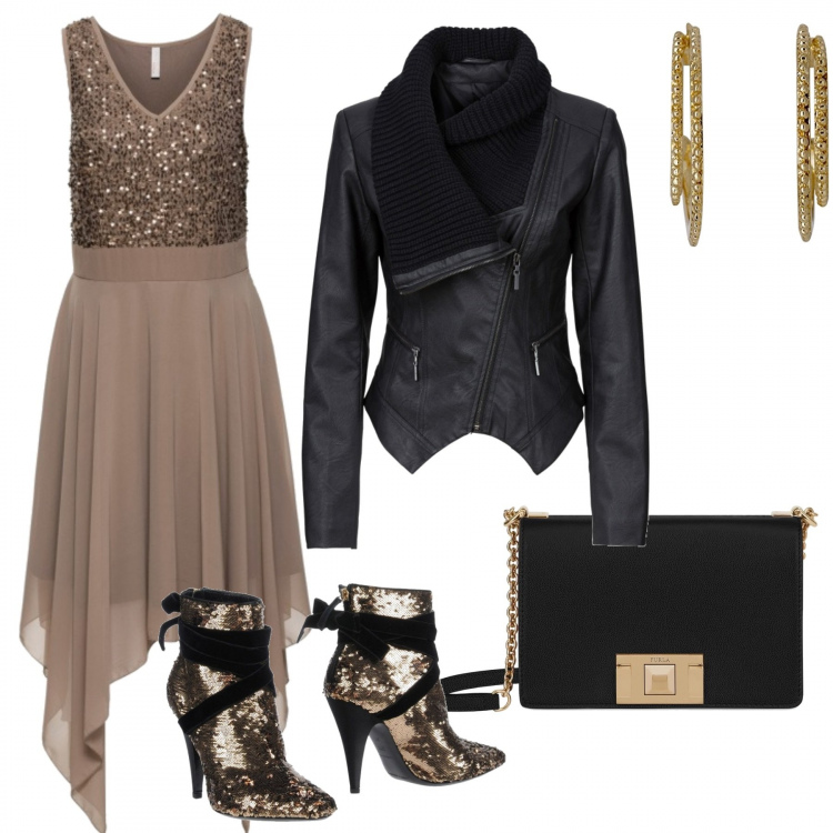 Outfit donna - Party girl. Stile Trendy per Serata fuori. Abbinamento con stivaletti con paillettes e laccetti con punta tonda in velluto tinta unita, vestiti, blazer, borsa a tracolla mini, orecchini.