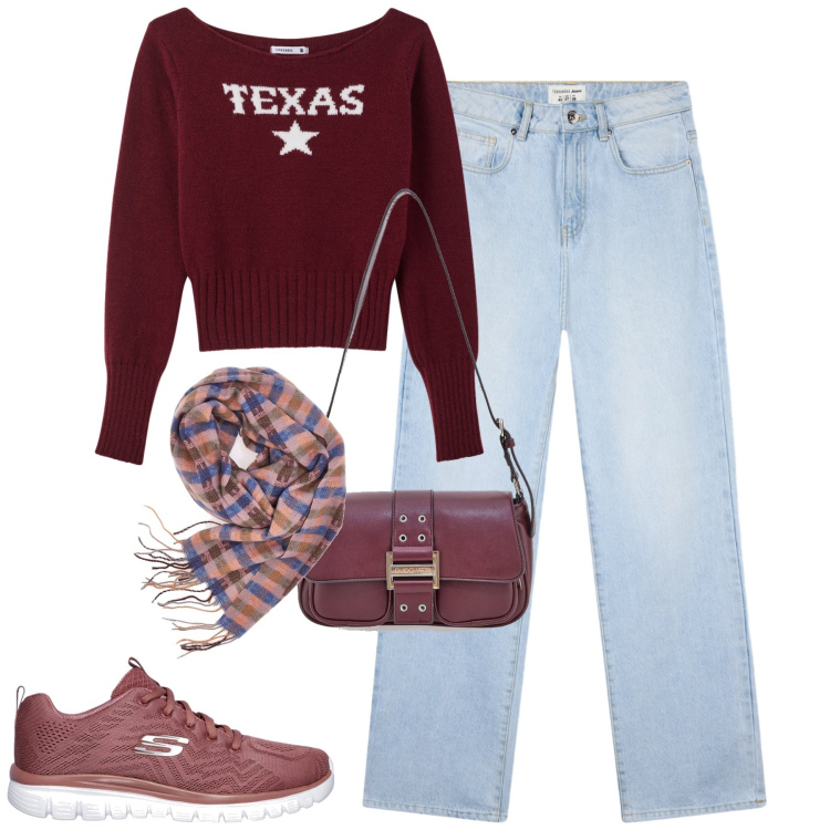 Outfit donna - Gennaio. Stile Casual per Tutti i giorni. Abbinamento con jeans dritti, maglieria, sneakers, borse a tracolla, sciarpe.