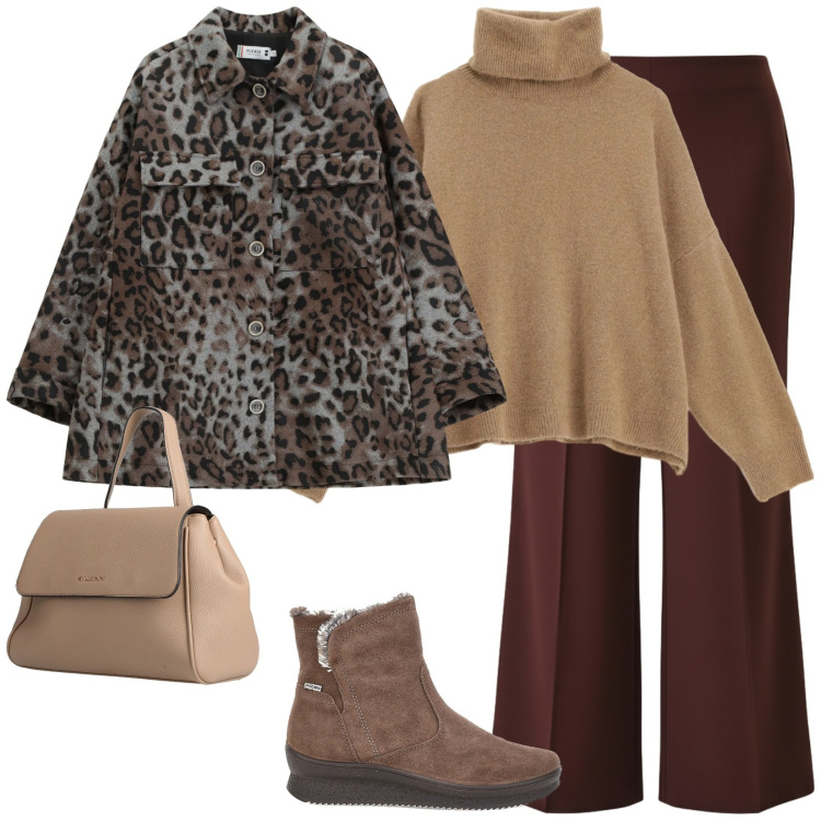 Outfit donna - Minimal di carattere. Stile Minimal per Tutti i giorni. Abbinamento con zaini, cappotti, maglieria, pantaloni a palazzo, stivaletti.