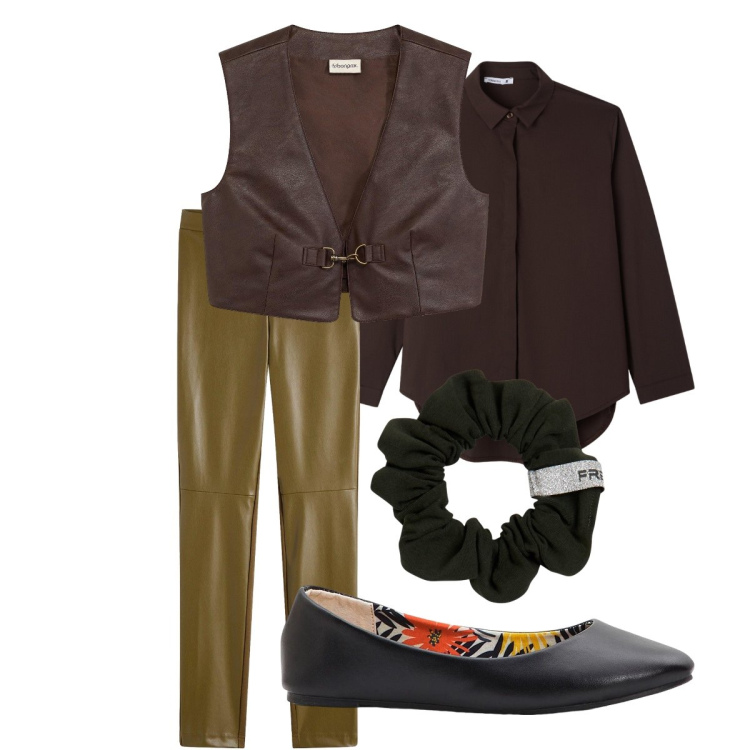 Outfit donna - Gilet in saldo a gennaio. Stile Trendy per Ufficio. Abbinamento con ballerine, gilet, pantaloni, camicie, accessori per capelli.