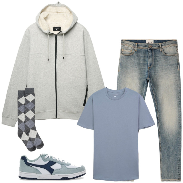 Outfit uomo - Total look #2322007. Stile Urban per Tutti i giorni. Abbinamento con t-shirt, jeans skinny, felpe con cappuccio, sneakers, calzini.