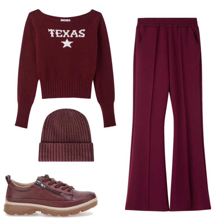 Outfit donna - Total look #2322012. Stile Sporty chic per Tutti i giorni. Abbinamento con berretti, maglieria, pantaloni, scarpe stringate.