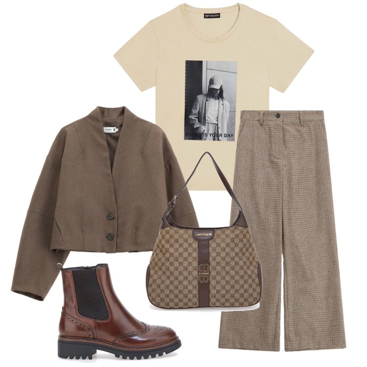 Outfit donna - Total look #2322013. Stile Casual chic per Tutti i giorni. Abbinamento con pantaloni a palazzo, blazer, t-shirt, stivaletti chelsea, borse a spalla.