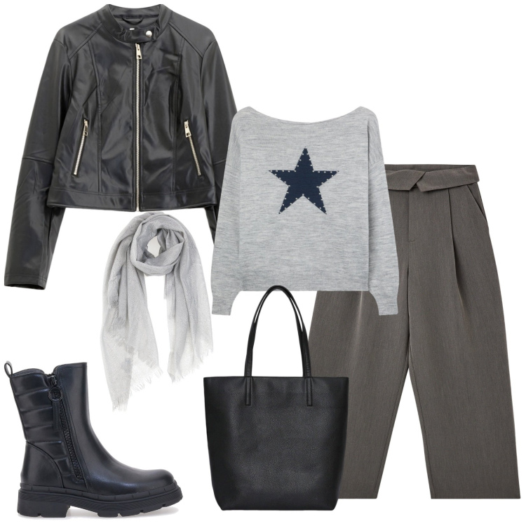 Outfit donna - City. Stile Urban per Tutti i giorni. Abbinamento con pantaloni, maglieria, borse tote, giacche, foulard, stivaletti.