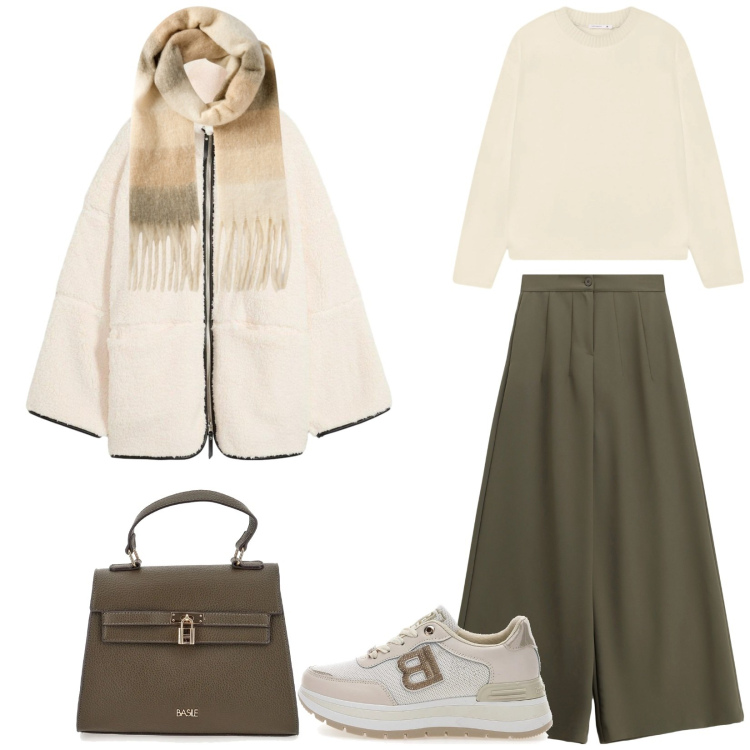 Outfit donna - Total look #2322018. Stile Urban per Tutti i giorni. Abbinamento con blazer, maglieria, sciarpe, pantaloni a palazzo, sneakers, borse a mano.