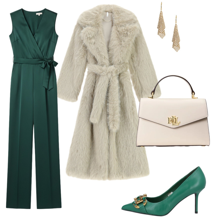 Outfit donna - Verde smeraldo. Stile Chic per Cerimonia. Abbinamento con décolleté, cappotti, orecchini, borse a mano, tute.