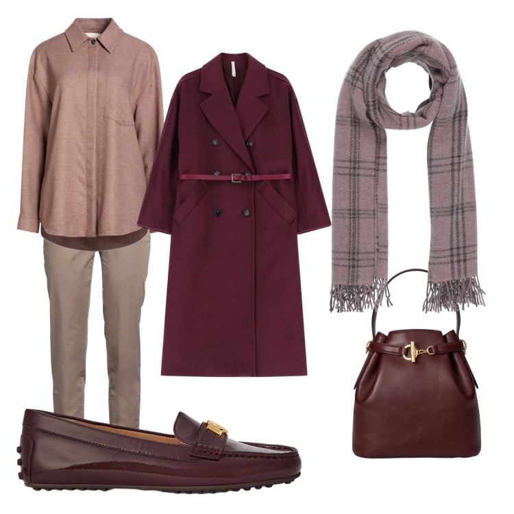 Outfit donna - Amaranta. Stile Basic per Tutti i giorni. Abbinamento con sciarpe, pantaloni, camicie, cappotti, mocassini, borse a secchiello.