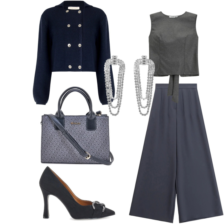 Outfit donna - Total look #2322040. Stile Chic per Serata fuori. Abbinamento con orecchini, top, pantaloni a palazzo, blazer, borse a tracolla, décolleté.