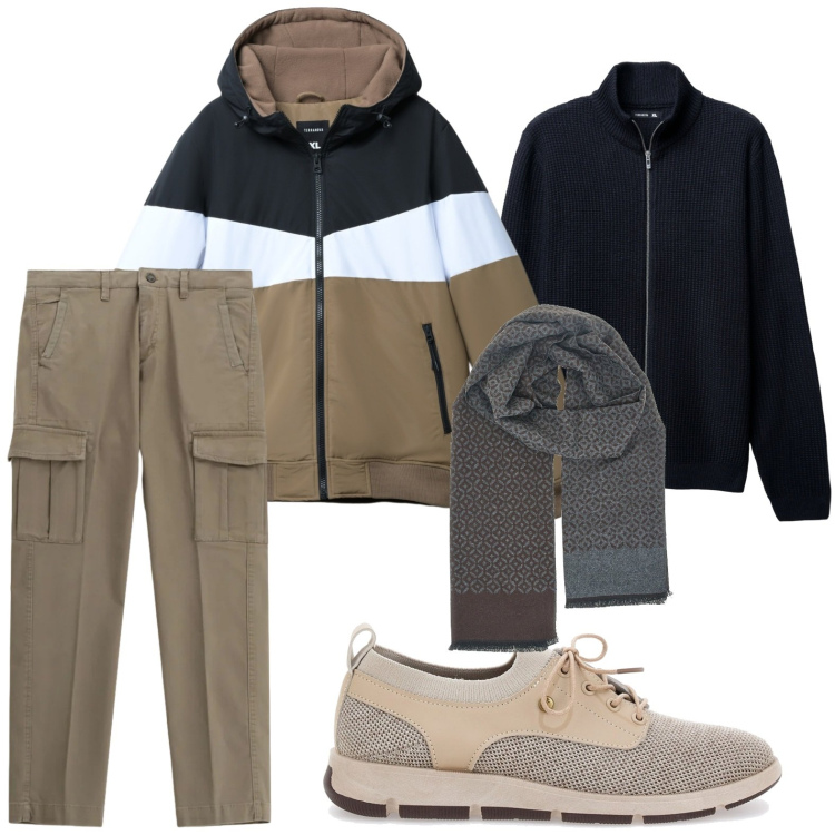 Outfit uomo - Stile passeggiata. Stile Casual per Tutti i giorni. Abbinamento con piumini, cardigans, pantaloni cargo, sciarpe, scarpe stringate.