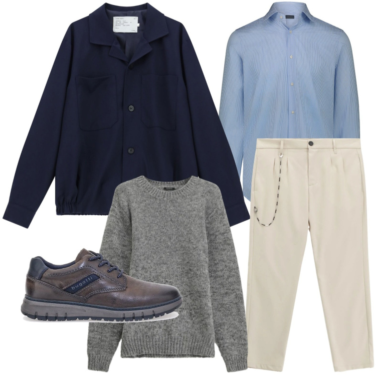 Outfit uomo - Casual style. Stile Casual per Ufficio. Abbinamento con cappotti, pantaloni, maglieria, scarpe stringate, camicie.