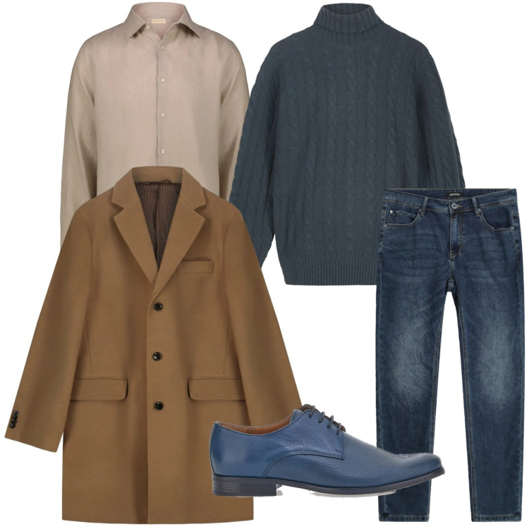 Outfit uomo - Il maglione blu iconico. Stile Casual per Ufficio. Abbinamento con jeans slim fit, maglieria, cappotti, scarpe stringate, camicie.