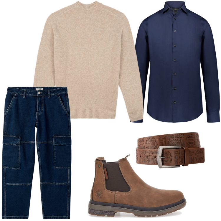 Outfit uomo - Il jeans multitasche. Stile Casual per Tutti i giorni. Abbinamento con cinture, jeans, camicie, maglieria, stivali e stivaletti.
