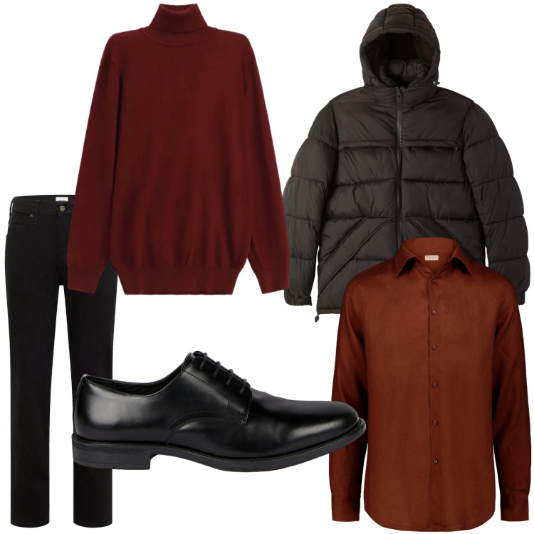 Outfit uomo - La camicia wine. Stile Casual per Ufficio. Abbinamento con jeans dritti, bomber, maglieria, scarpe stringate, camicie.