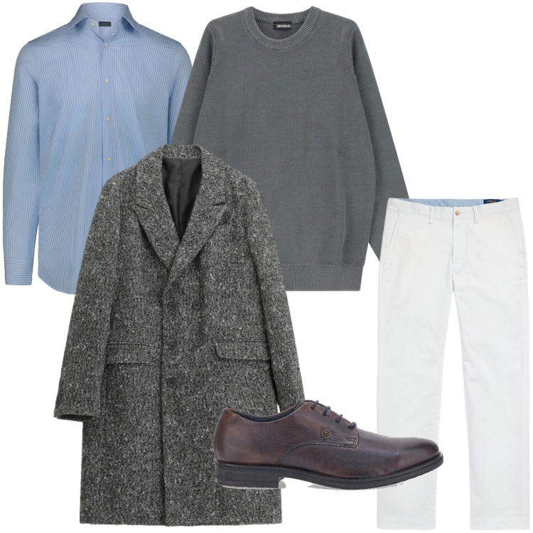 Outfit uomo - Il cappotto minimal. Stile Trendy per Ufficio. Abbinamento con cappotti, pullovers, pantaloni, scarpe stringate, camicie.