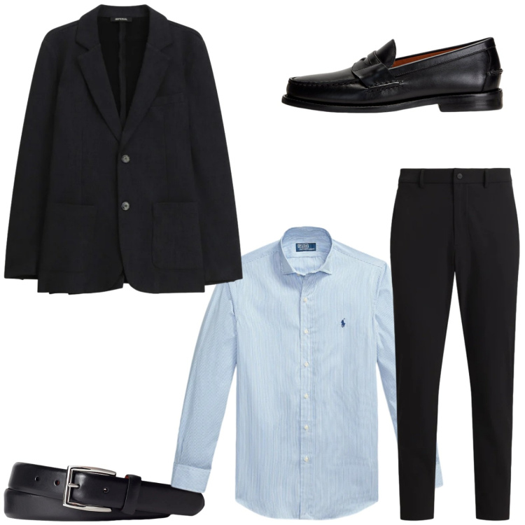Outfit uomo - Cena di lavoro. Stile Business/Elegante per Serata speciale. Abbinamento con giacche, scarpe stringate, cinture, pantaloni, camicie.