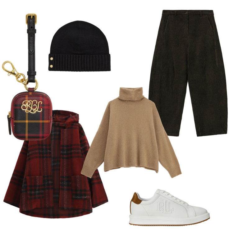 Outfit donna - Scottish. Stile Sporty chic per Tutti i giorni. Abbinamento con caban, maglieria, pantaloni a palazzo, sneakers, pochette, berretti.