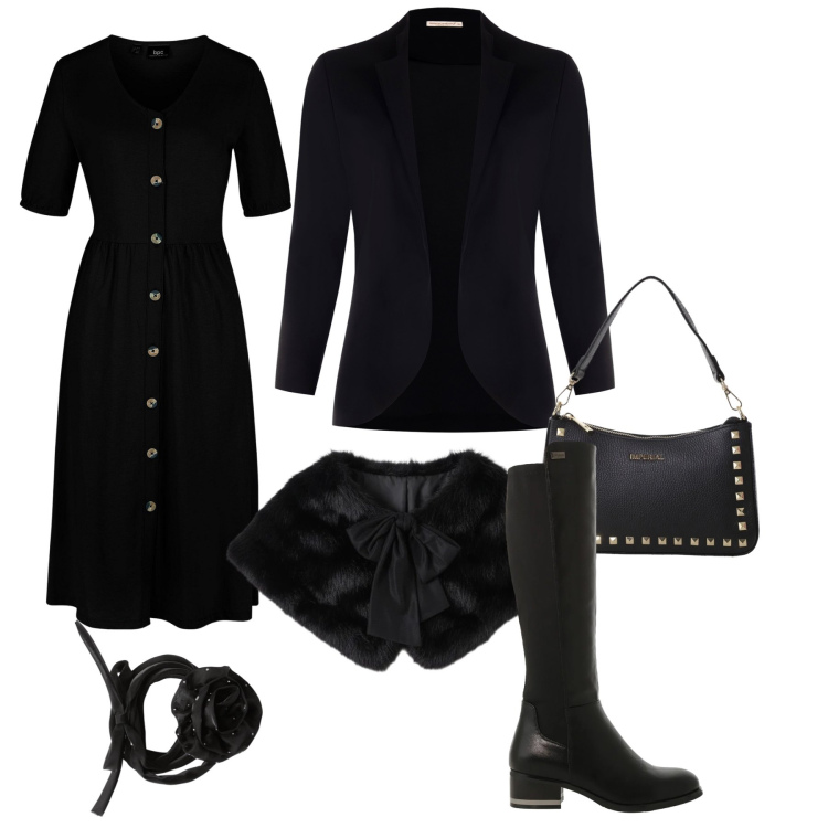 Outfit donna - Vedo nero. Stile Bon Ton per Tutti i giorni. Abbinamento con vestiti midi/longuette, pochette, stivali sopra il ginocchio, blazer, stole, collane.