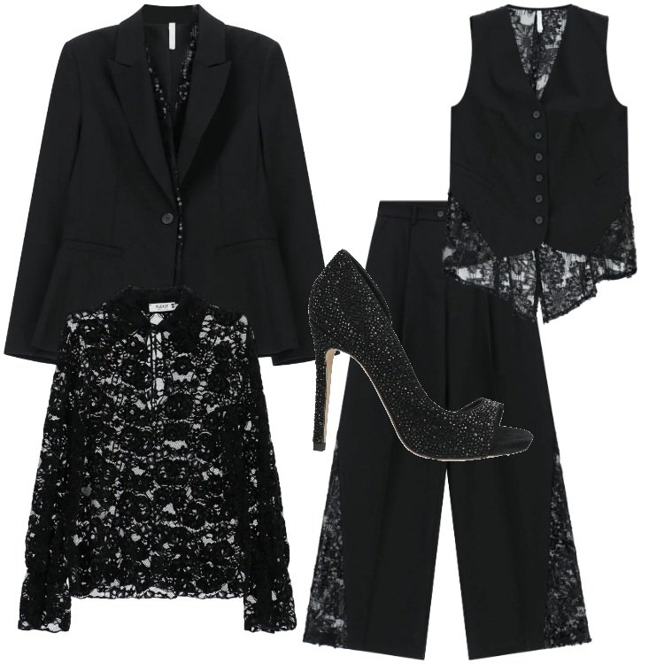 Outfit donna - Total look #2322068. Stile Glamour per Cerimonia. Abbinamento con décolleté, camicie, gilet, blazer, pantaloni a palazzo.