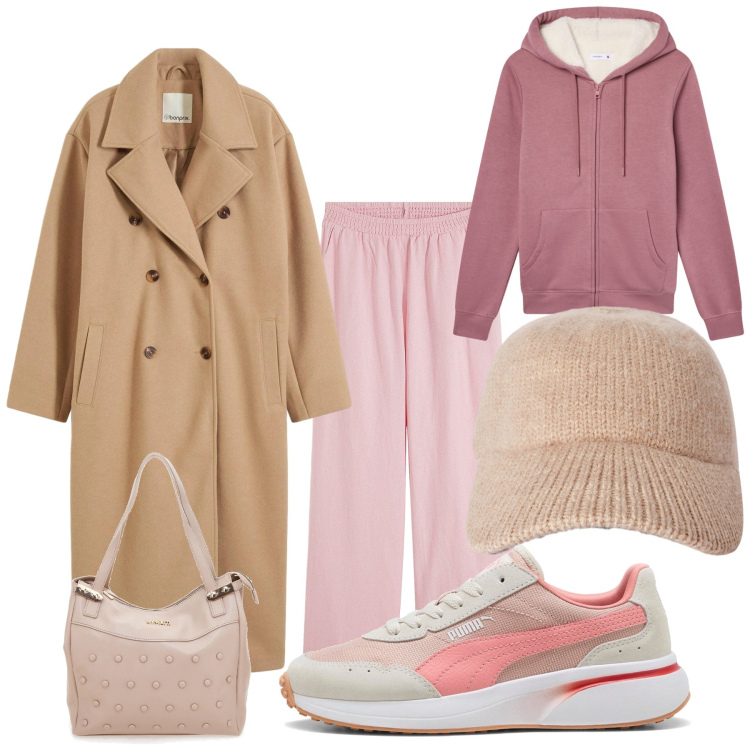 Outfit donna - Caldo rosa. Stile Sporty chic per Tutti i giorni. Abbinamento con cappotti, pantaloni a palazzo, felpe con cappuccio, cappelli con visiera, sneakers, shopping bag.