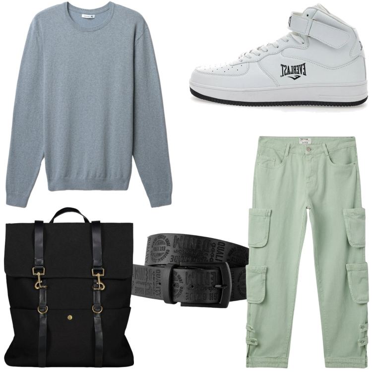 Outfit uomo - Viaggio. Stile Casual per Tutti i giorni. Abbinamento con cinture, jeans, maglieria, sneakers, borse sportive.