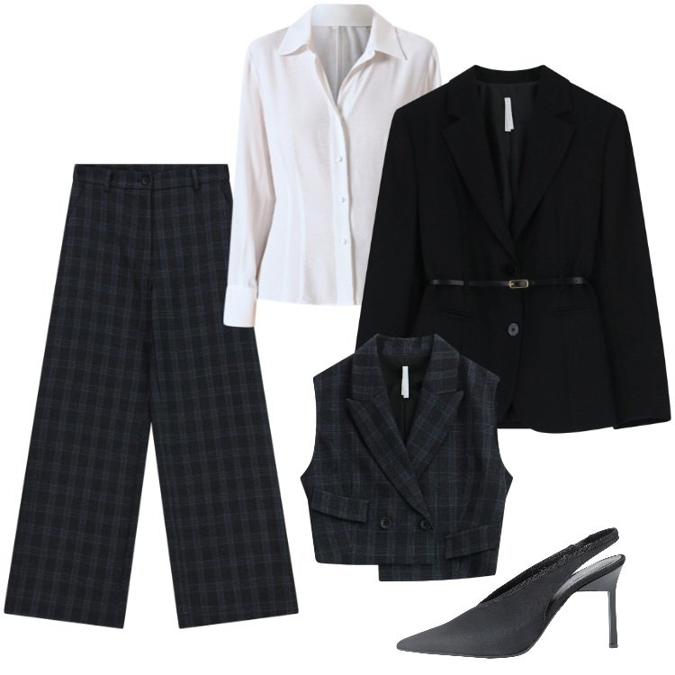 Outfit donna - Total look #2322072. Stile Casual chic per Cerimonia. Abbinamento con décolleté, blazer, pantaloni a palazzo, gilet, camicie.