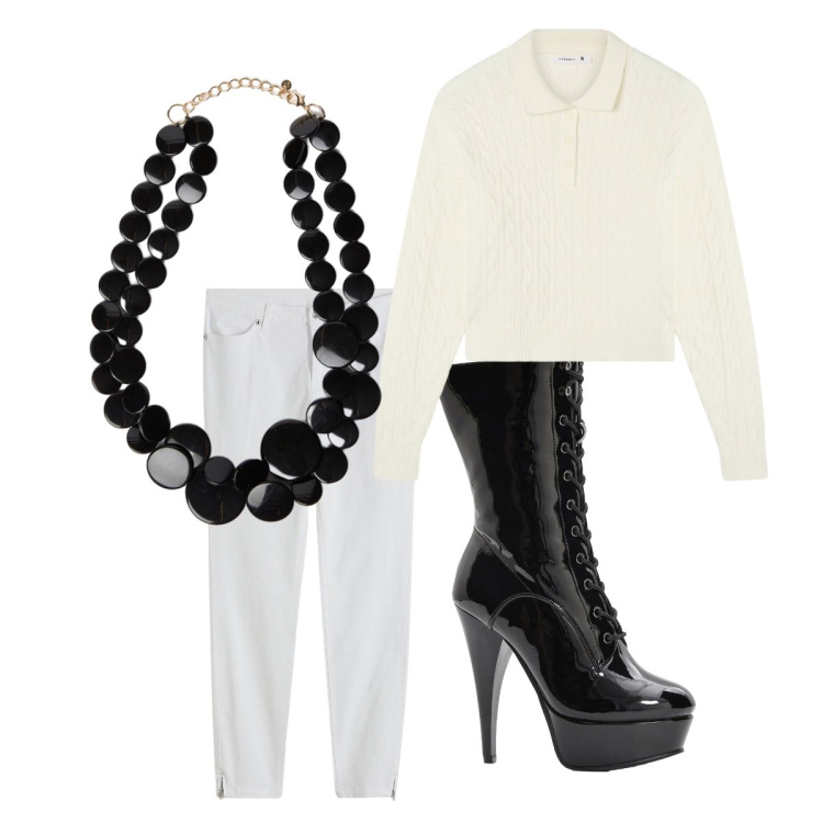 Outfit donna - Black and White low. Stile Basic per Serata fuori. Abbinamento con jeans skinny, stivaletti, polo, collane.