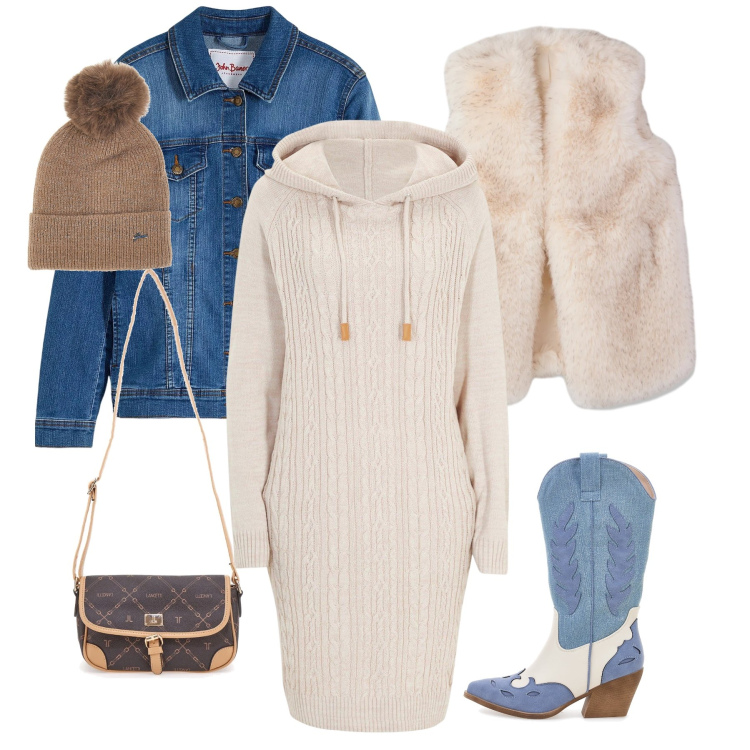 Outfit donna - Denim Frost. Stile Urban per Tutti i giorni. Abbinamento con vestiti, blazer, piumini, stivaletti texani, borse a tracolla, berretti.