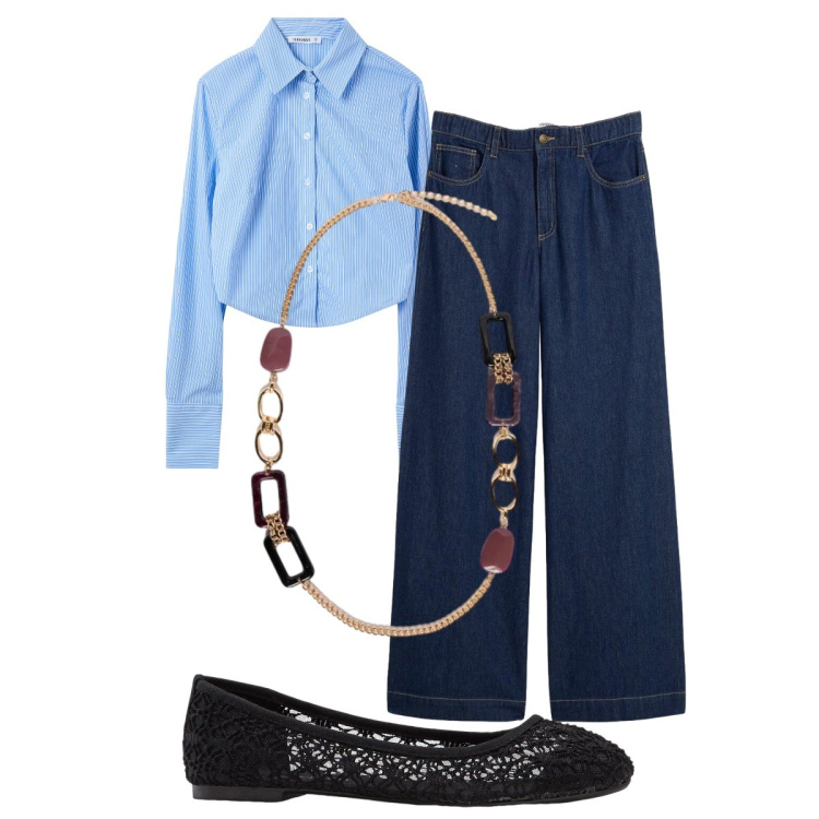 Outfit donna - In ufficio per tutte le tasche. Stile Preppy per Ufficio. Abbinamento con ballerine, jeans dritti, camicie, collane.