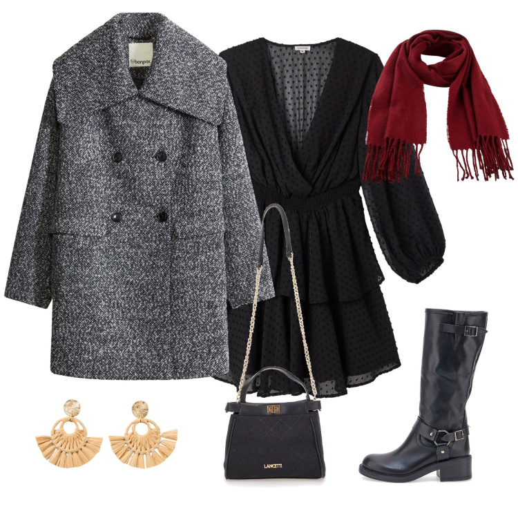 Outfit donna - Il Fascino del Biker Urbano. Stile Urban per Tutti i giorni. Abbinamento con orecchini, cappotti, sciarpe, vestiti corti, stivali, borse a tracolla.