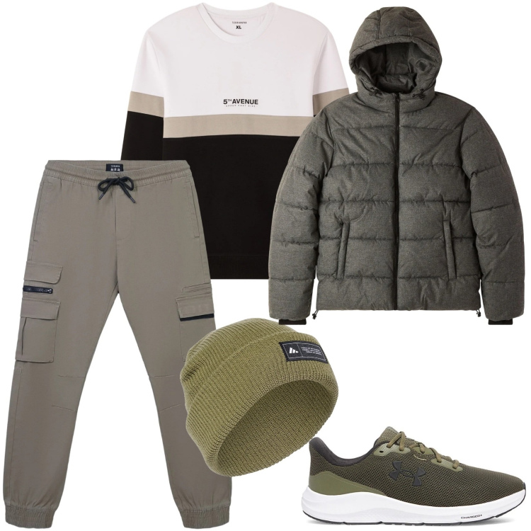 Outfit uomo - Total look #2322084. Stile Urban per Tutti i giorni. Abbinamento con pantaloni cargo, felpe, bomber, berretti, scarpe sportive.