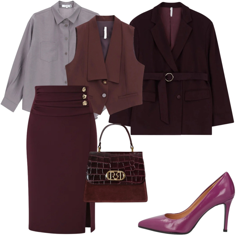 Outfit donna - Bag in pelle bordeaux e décolleté malva. Stile Chic per Serata fuori. Abbinamento con décolleté, gilet, blazer, gonne longuette, borse a mano, camicie.