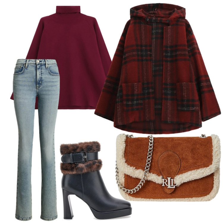 Outfit donna - Contro il freddo. Stile Urban per Tutti i giorni. Abbinamento con caban, maglieria, clutch, jeans bootcut, stivaletti.