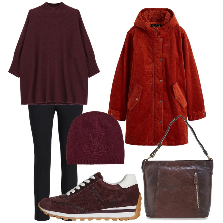Outfit donna - Total look ufficio e tempo libero. Stile Sporty chic per Tutti i giorni. Abbinamento con parka, maglieria, pantaloni skinny, sneakers, berretti, borse a spalla.