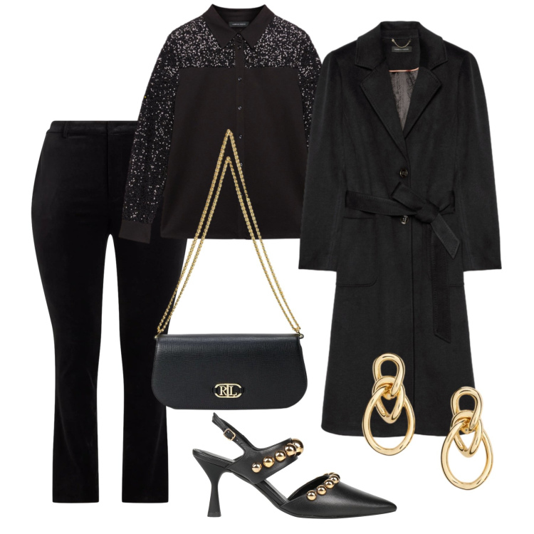 Outfit donna - Elegante velluto nero. Stile Chic per Serata fuori. Abbinamento con décolleté, orecchini, pantaloni, borse a spalla, cappotti, camicie.