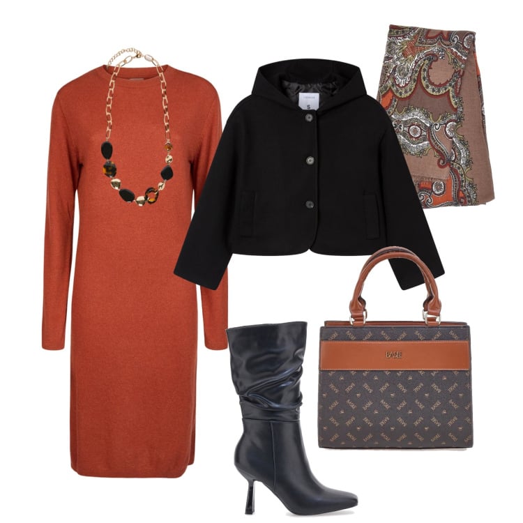 Outfit donna - Stilosa in città. Stile Casual chic per Tutti i giorni. Abbinamento con caban, vestiti midi/longuette, collane, stivali, borse a mano, foulard.