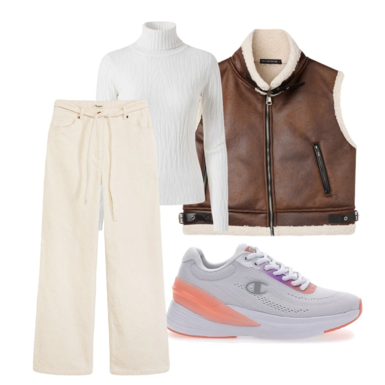 Outfit donna - Pantaloni velluto vaniglia. Stile Sporty chic per Tutti i giorni. Abbinamento con pantaloni, piumini, maglieria, sneakers.