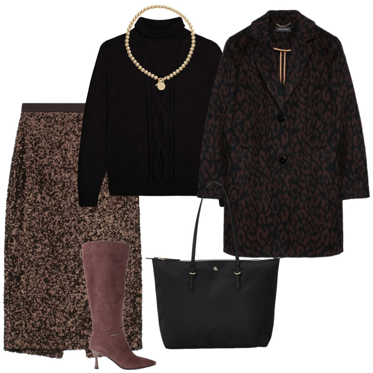 Outfit donna - Lunedì sera. per Serata fuori. Abbinamento con stivali, gonne longuette, maglieria, collane, borse tote, cappotti.