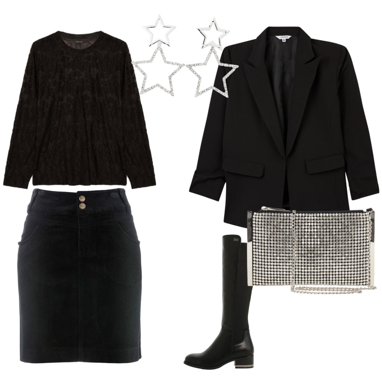 Outfit donna - Alchimia di Luci e Ombre. Stile Casual chic per Serata fuori. Abbinamento con gonne lunghe, blazer, orecchini, stivali sopra il ginocchio, pochette, bluse.