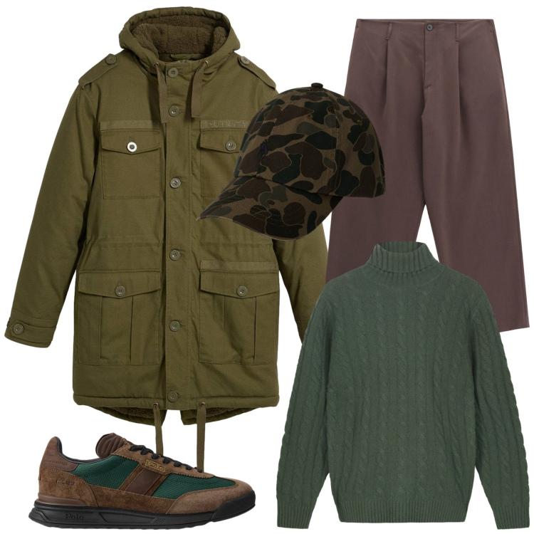 Outfit uomo - Mattine invernali. Stile Casual per Tutti i giorni. Abbinamento con parka, pantaloni, sneakers, cappelli, maglieria.