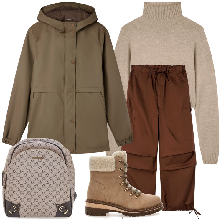 Outfit donna - Stagione invernale. Stile Basic per Tutti i giorni. Abbinamento con blazer, pantaloni cargo, maglieria, anfibi, zaini.