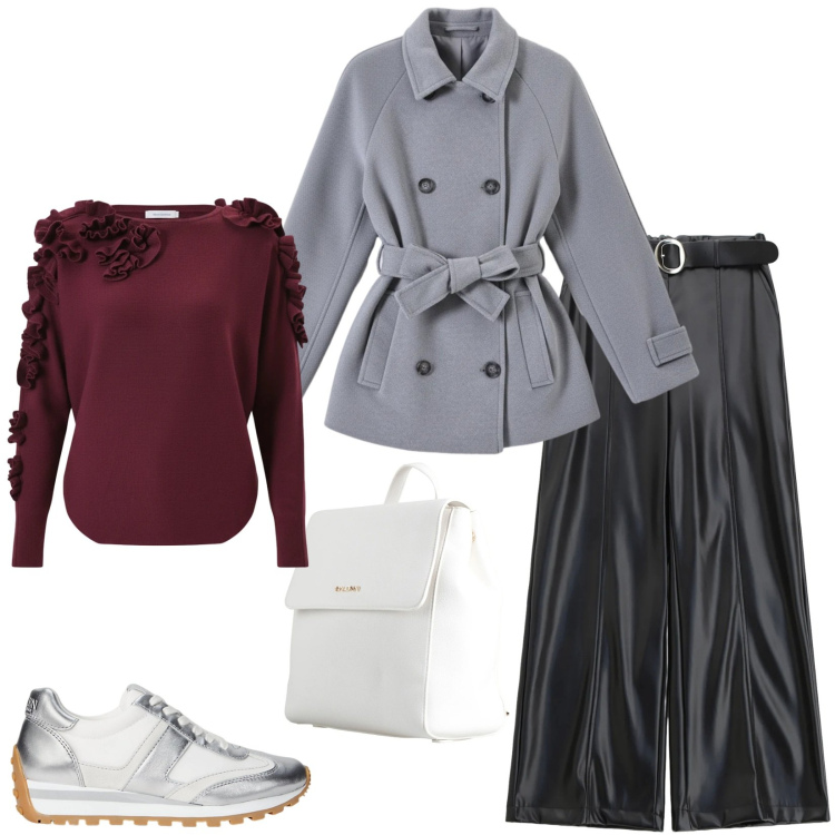Outfit donna - Comfort & raffinatezza. Stile Sporty chic per Tutti i giorni. Abbinamento con zaini, pantaloni, sneakers, maglieria, caban.