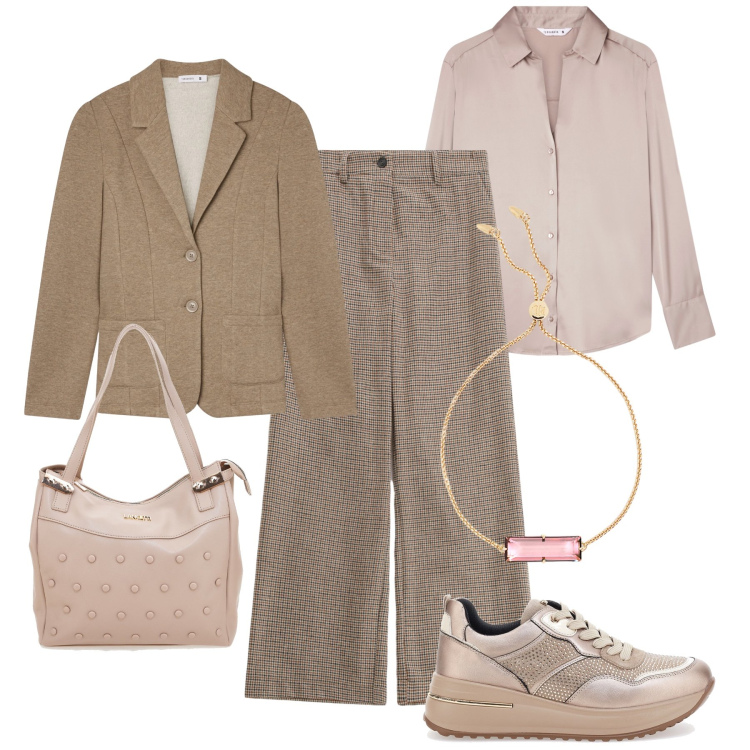 Outfit donna - Domenica tra amici. Stile Sporty chic per Tutti i giorni. Abbinamento con camicie, blazer, pantaloni a palazzo, braccialetti, sneakers, shopping bag.