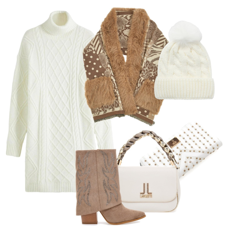 Outfit donna - Accessoriata per tutto il giorno. Stile Trendy per Tutti i giorni. Abbinamento con vestiti, berretti, stivali, cappe, portafogli, borse a tracolla.