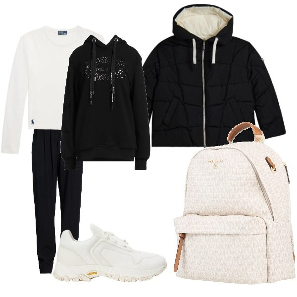 Outfit donna - In palestra. Stile Basic per Sport. Abbinamento con felpe con cappuccio, pantaloni, zaini, piumini, t-shirt, sneakers.